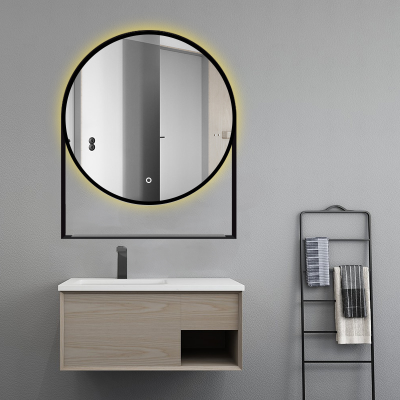 M3055-Springfield LED mirror with black metal frame and shelf
