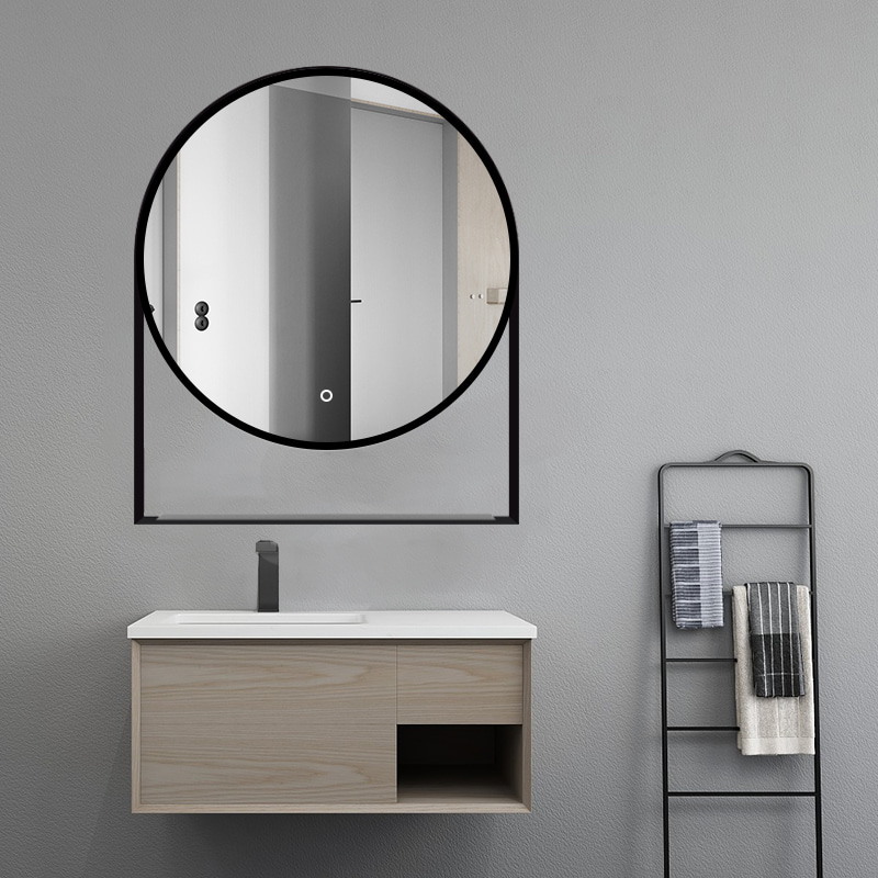 M3055-Springfield LED mirror with black metal frame and shelf